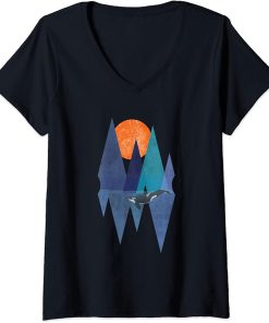 Womens Geometric Orca Killer Whale - Wildlife Polygon Art Ice Sea V-Neck T-Shirt