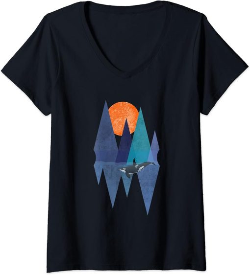 Womens Geometric Orca Killer Whale - Wildlife Polygon Art Ice Sea V-Neck T-Shirt