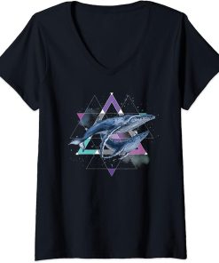 Womens Humpback whale in Space | Funny Beluga Orca Blue whale V-Neck T-Shirt