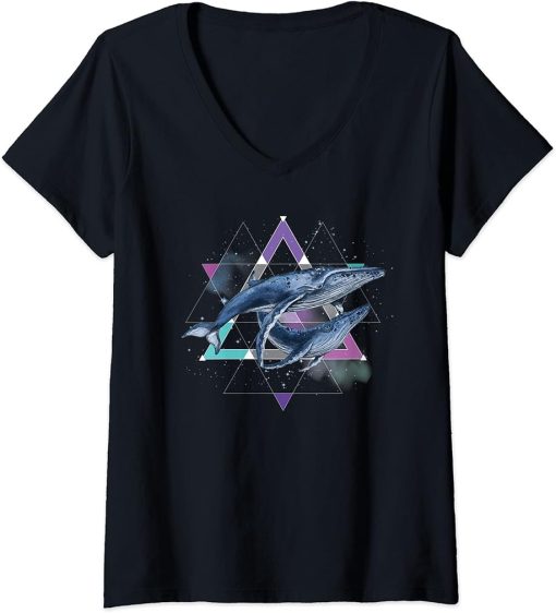 Womens Humpback whale in Space | Funny Beluga Orca Blue whale V-Neck T-Shirt