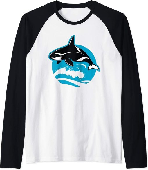 Splash Ocean Waves Orca Whale Raglan Baseball Tee