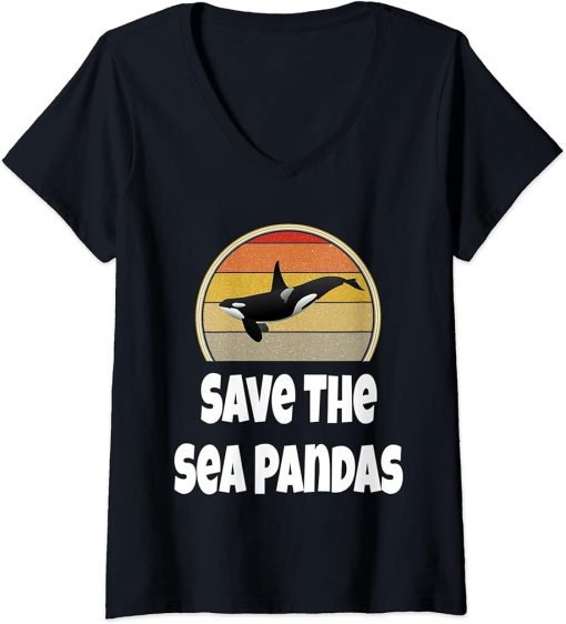 Womens Funny Orca Whale Shirt Ocean Sea Gift Save The Sea Pandas V-Neck T-Shirt